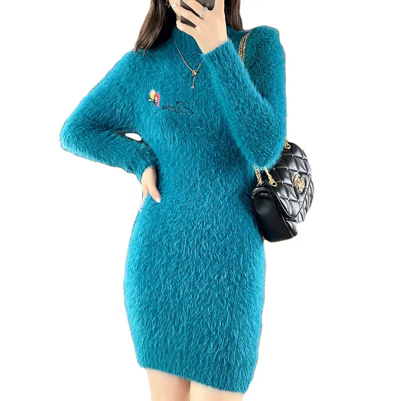 Imitation Mink Fleece Autumn Winter New Plush Slim Sweater Dress Solid Half High Neck Mid Length Embroidered Knit Bottom Dresses