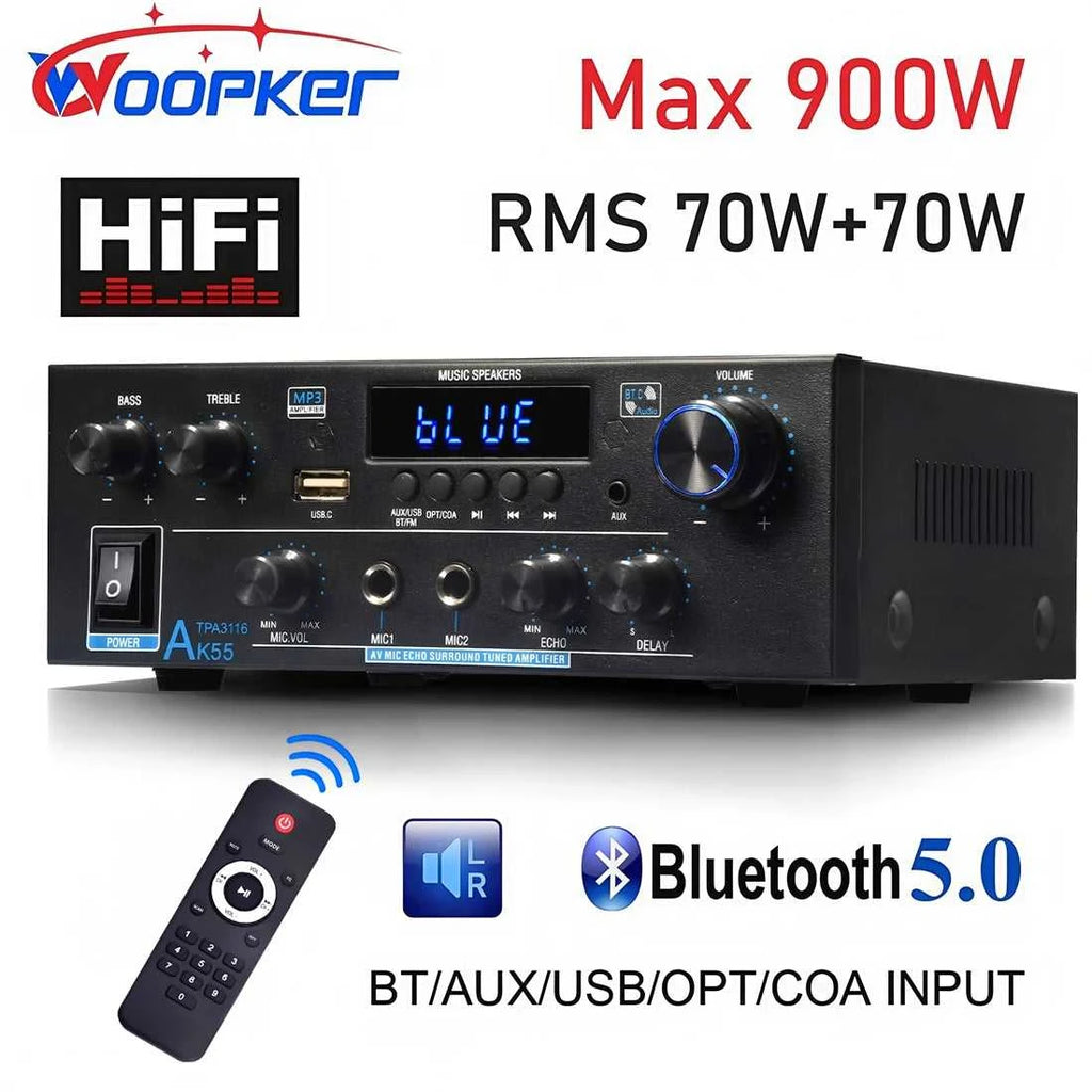 Woopker Amplifier AK55 900W Max 2.0 Channel Rated 70W+70W Bluetooth Audio Hifi AMP Karaoke Music Player Support 110V 220V 12V The jack market .AU The jack market .AU Accessories Electronics $ 111 14:618#EU Plug