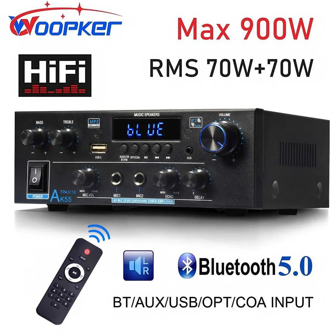 Woopker Amplifier AK55 900W Max 2.0 Channel Rated 70W+70W Bluetooth Audio Hifi AMP Karaoke Music Player Support 110V 220V 12V The jack market .AU The jack market .AU Accessories Electronics $ 111 14:618#EU Plug