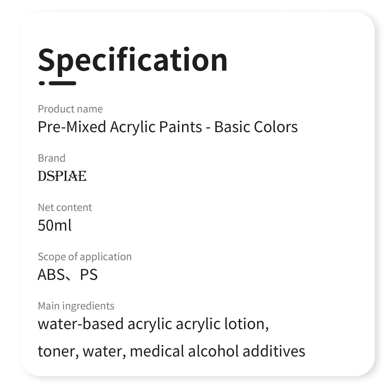 New DSPIAE XG Series Pre Mixed Paint-Basic Color Master 50ML Water-based Paint for Spraying/Hand Painted Model Coloring Pigments