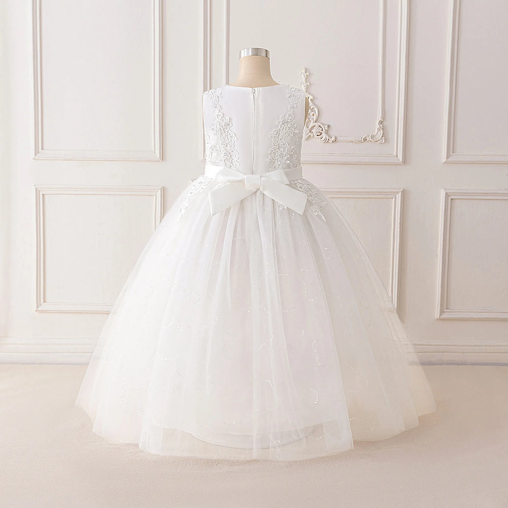 Fashion Flower Bridesmaid Girls Dress Elegant Bow Wedding Evening Princess Birthday Party Dress Graduation Baptism Kids Clothing