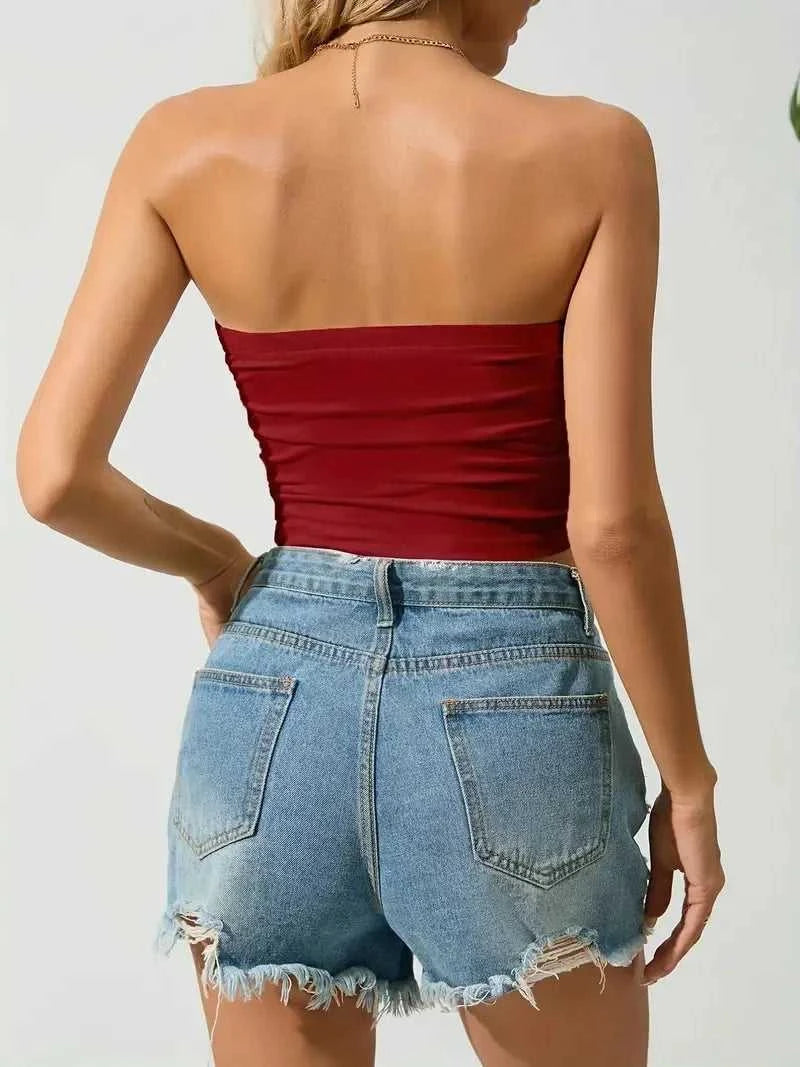 Europeans And Americans Solid Color Strapless, Off-the-shoulder Short Bodice Women's Backless Short Boat Neck Cami Tank Top The jack market .AU The jack market .AU $ 51 14:273312254#Wine;5:361386