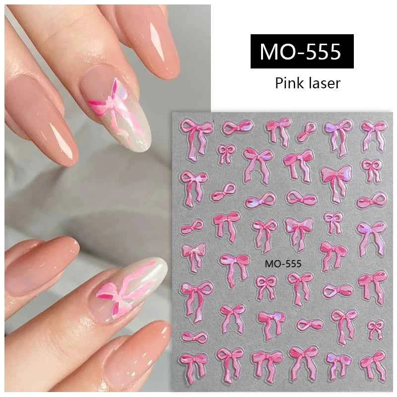 Brand Name Bowknot Nail Art Stickers - Vintage Self-Adhesive Decals in White, Pink & Black for Cute Manicures