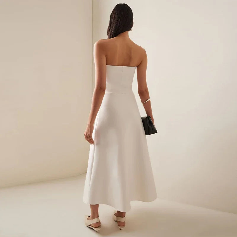 Elegant Pleated Sleeveless Long Dress Women White Slim Tube Party Dresses Female 2026 Spring New Fashion Street Maxi Robes