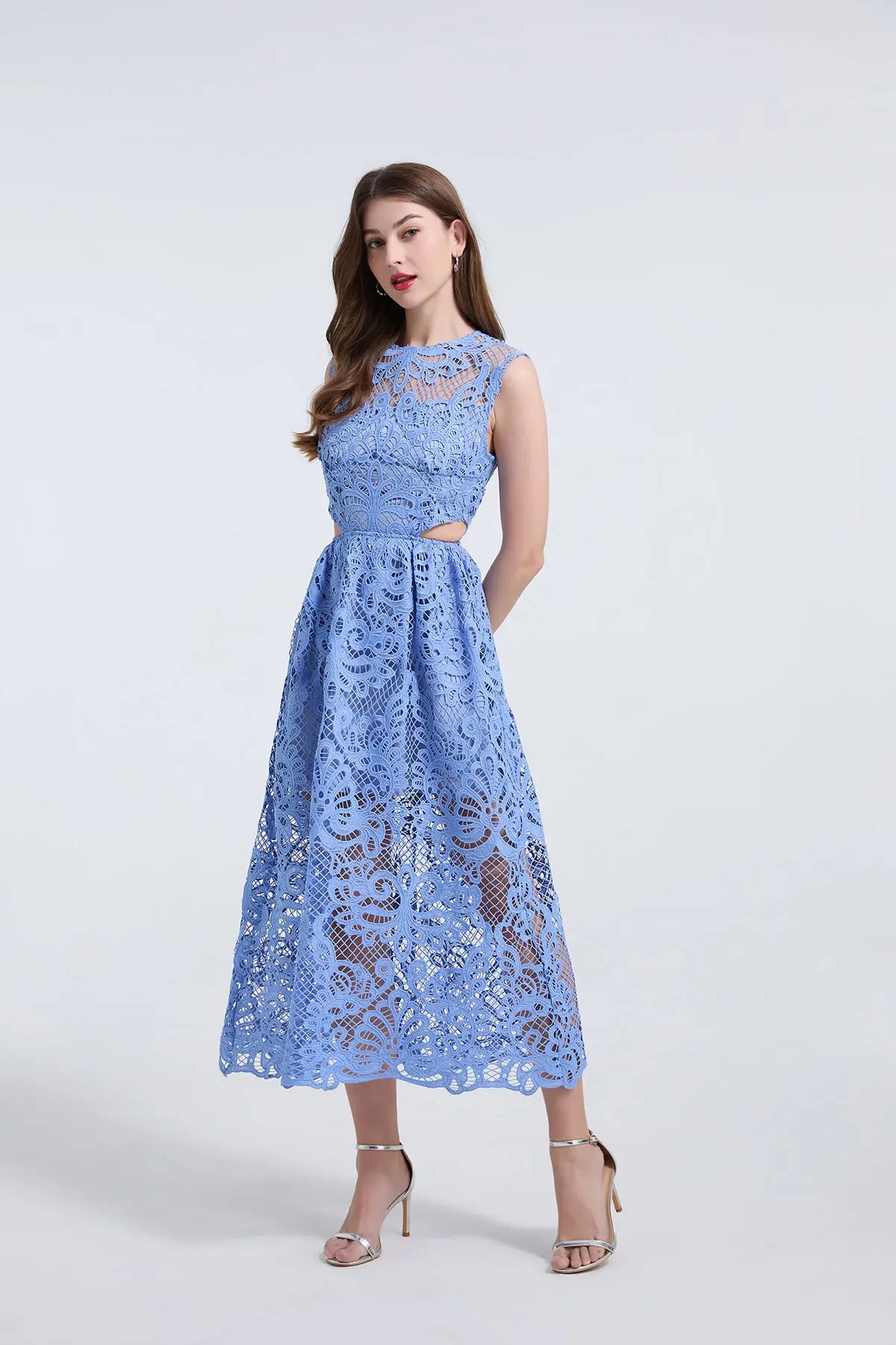 Women's Lace Embroidery Evening Dress – Elegant Midi Party Dress