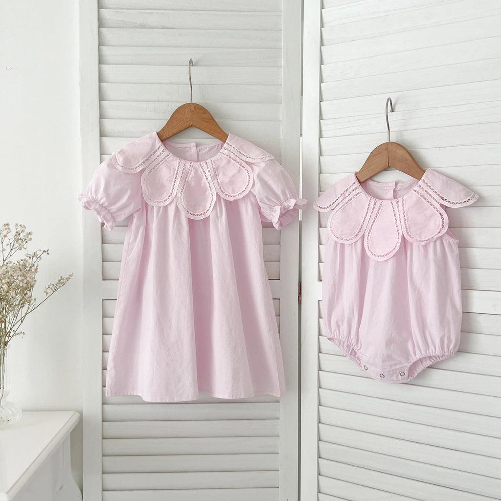 Sisters Dress Summer Kids Princess Dresses Short Sleeved Cotton Solid Color Splicing Infant Baby Romper Baby Girl Party Dress