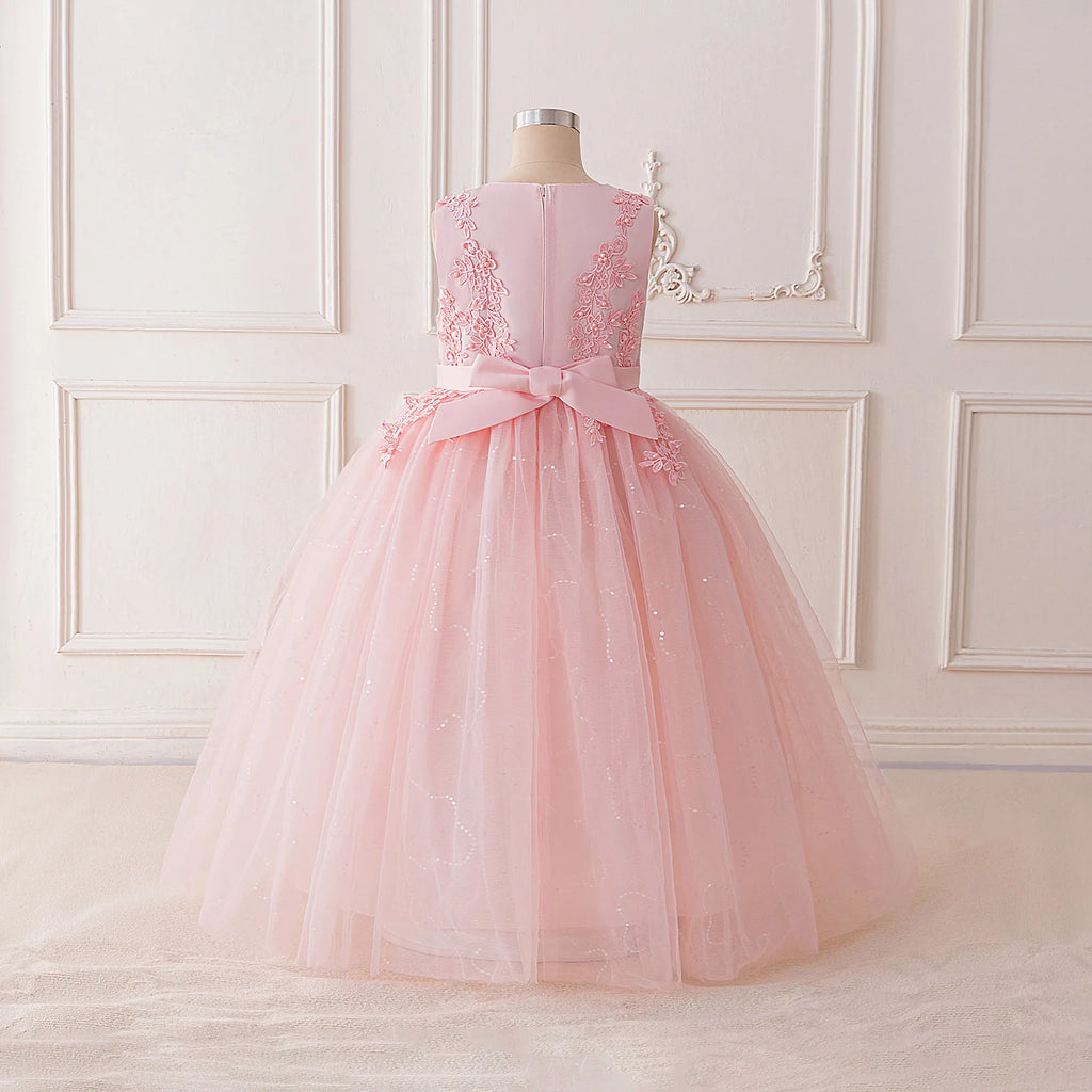 Fashion Flower Bridesmaid Girls Dress Elegant Bow Wedding Evening Princess Birthday Party Dress Graduation Baptism Kids Clothing
