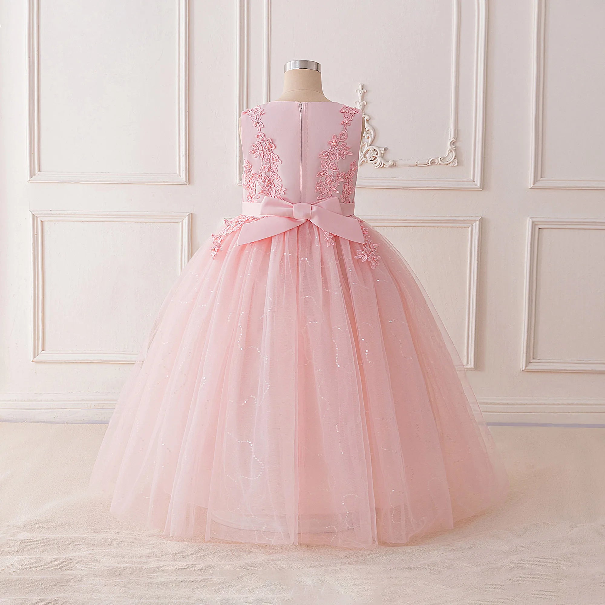Fashion Flower Bridesmaid Girls Dress Elegant Bow Wedding Evening Princess Birthday Party Dress Graduation Baptism Kids Clothing