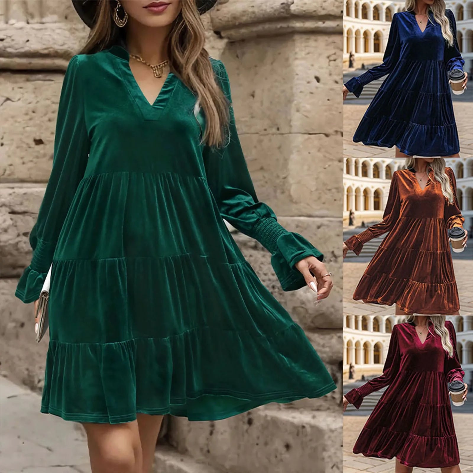 Elegant Vogue Velvet Midi Dress - Long Sleeve V-Neck, High Waist, Chic Style for Evening Parties & Christmas Celebrations