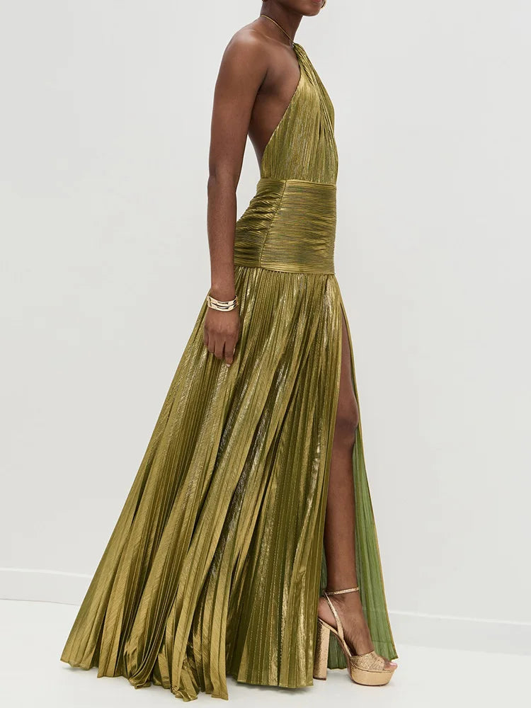Chic Women's Backless Maxi Dress - Sleeveless Halter Patchwork Elegance for Summer Parties
