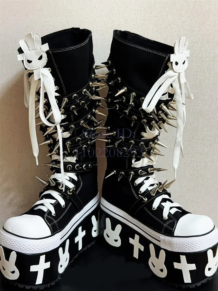 Cross Rivet Knee-high Boots Punk Round Toe y2k Platform Devil Angel Canvas Shoes Lace-up Women's Motorcycle Boots 2025 Halloween