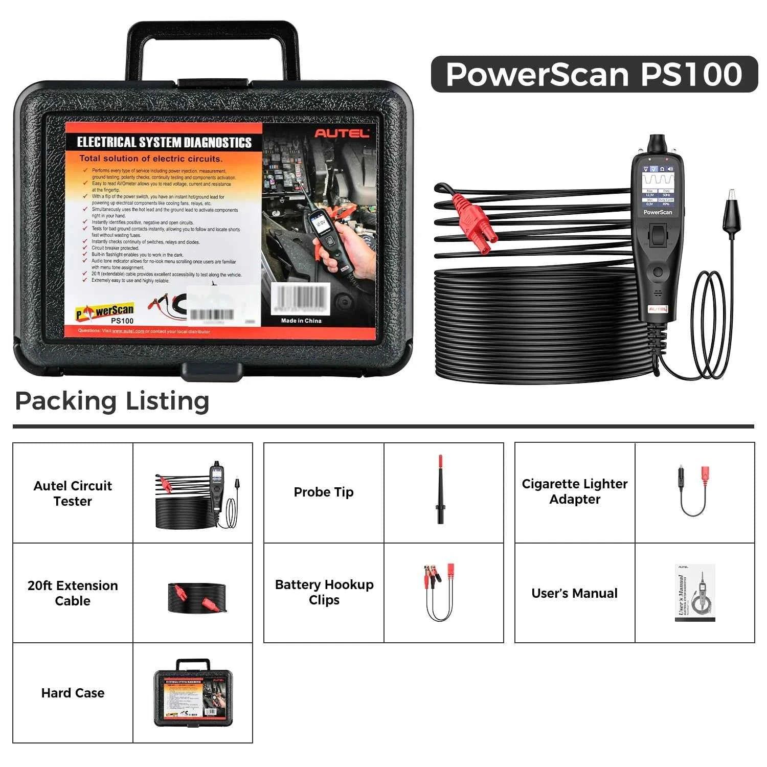 Autel PowerScan PS100 Automotive Circuit Tester, Universal 12V 24V Automotive Power Circuit Probe Kit with 20ft Extension Cable