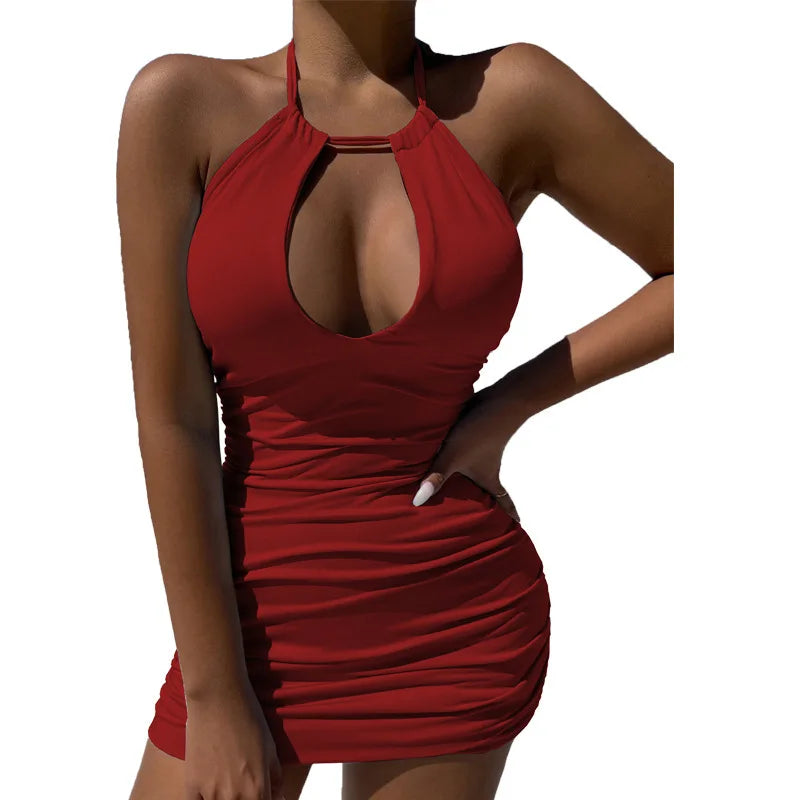 Y2K Summer new lace up Halter backless dress European and American sexy hollow pleated Hip Wrap Skirt