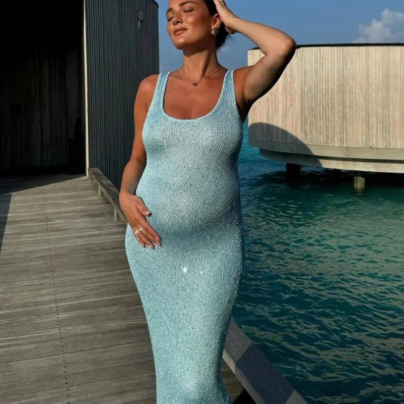 Women Sexy Yellow Glitter Splicing Square Neck Long Dress Casual Slim Sleeveless Sling Maxi Dresses Female Summer Holiday Robes