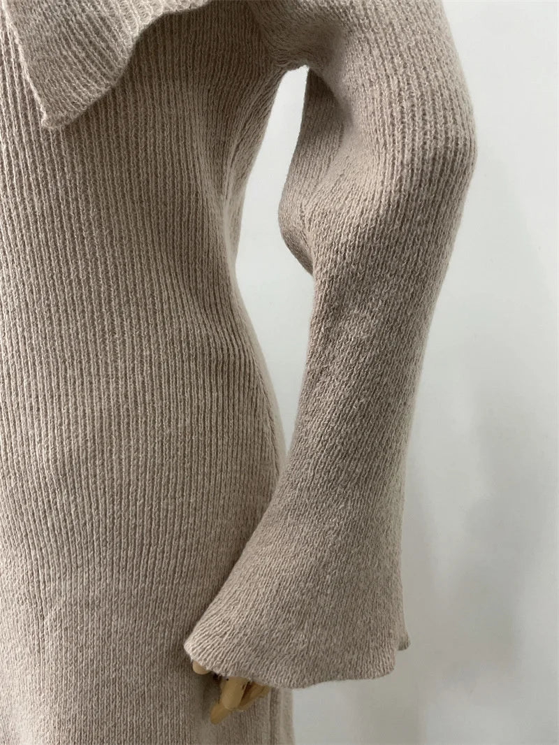 Luxury Fluffy Solid Knitted Off Shoulder Midi Dress Women 2024 Fall Winter Elegant Bodycon Flared Long Sleeve Sweater Long Dress