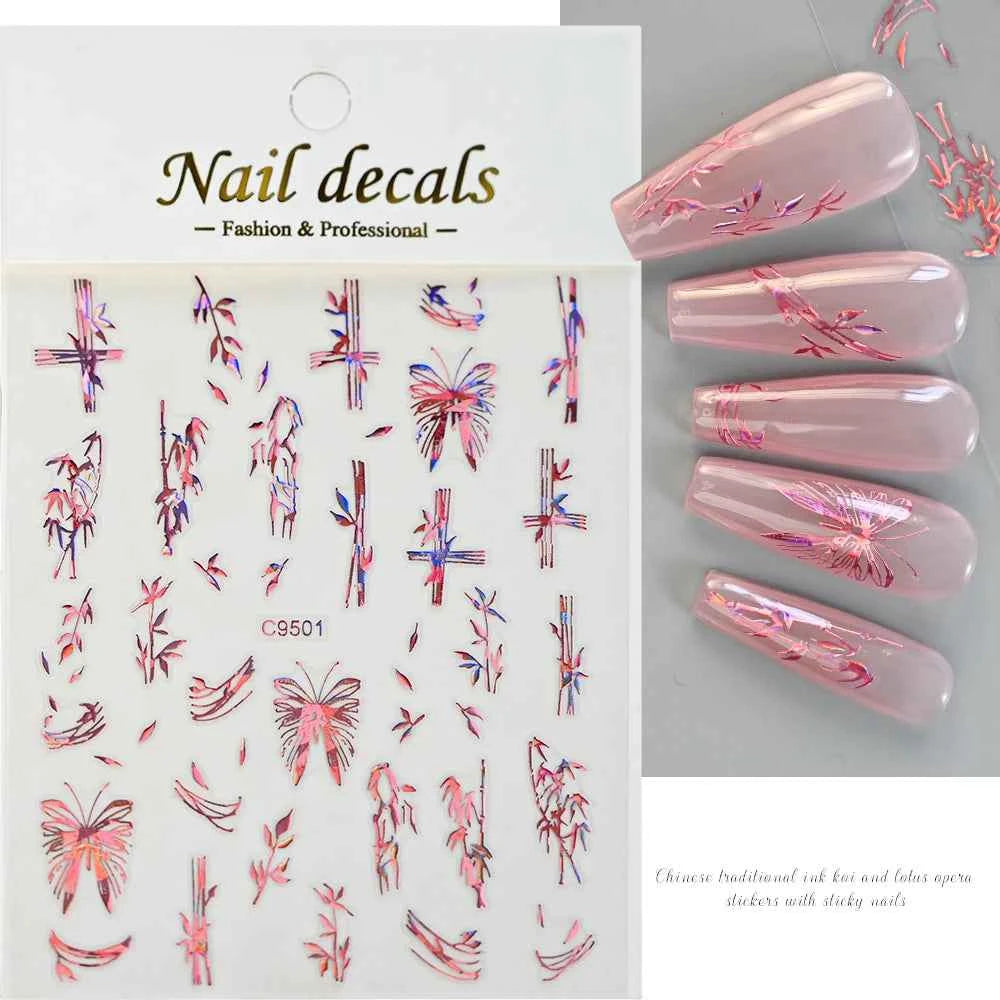 1pcs 3D White Hibiscus Flowers Nail Stickers Holographic Silver Gold Tropical Petal Slider For Nails French Manicure Decoration