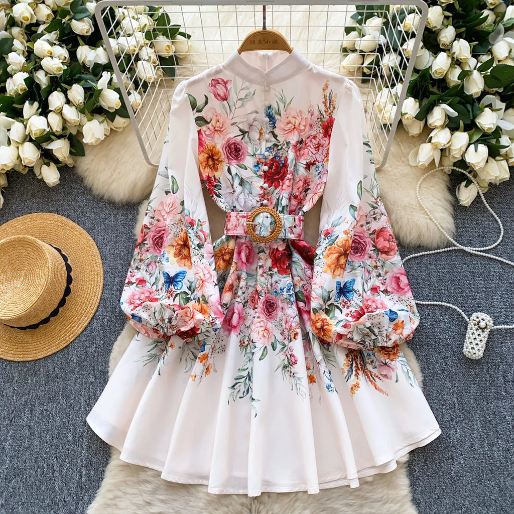 France Elegant Vintage Palace Evening Dress Women Sashes Button Print Short Party Dress Female Casual Chic Festival Clothing New
