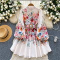 France Elegant Vintage Palace Evening Dress Women Sashes Button Print Short Party Dress Female Casual Chic Festival Clothing New