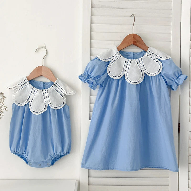Sisters Dress Summer Kids Princess Dresses Short Sleeved Cotton Solid Color Splicing Infant Baby Romper Baby Girl Party Dress