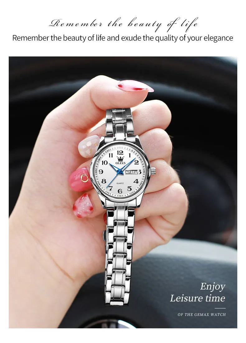 OLEVS Elegant Women's Quartz Watch - Luminous, Waterproof Stainless Steel Dress Wristwatch with Week & Date Display