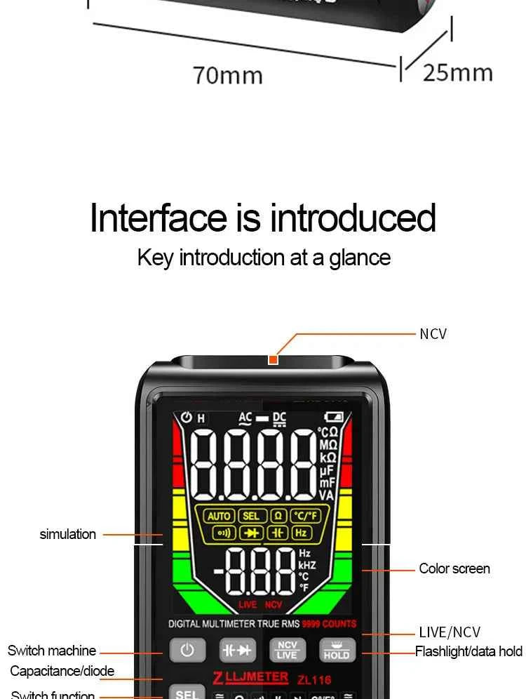 SmartTech USB Rechargeable Digital Multimeter - True RMS, AC/DC Current, Capacitance, Temperature, Auto Range