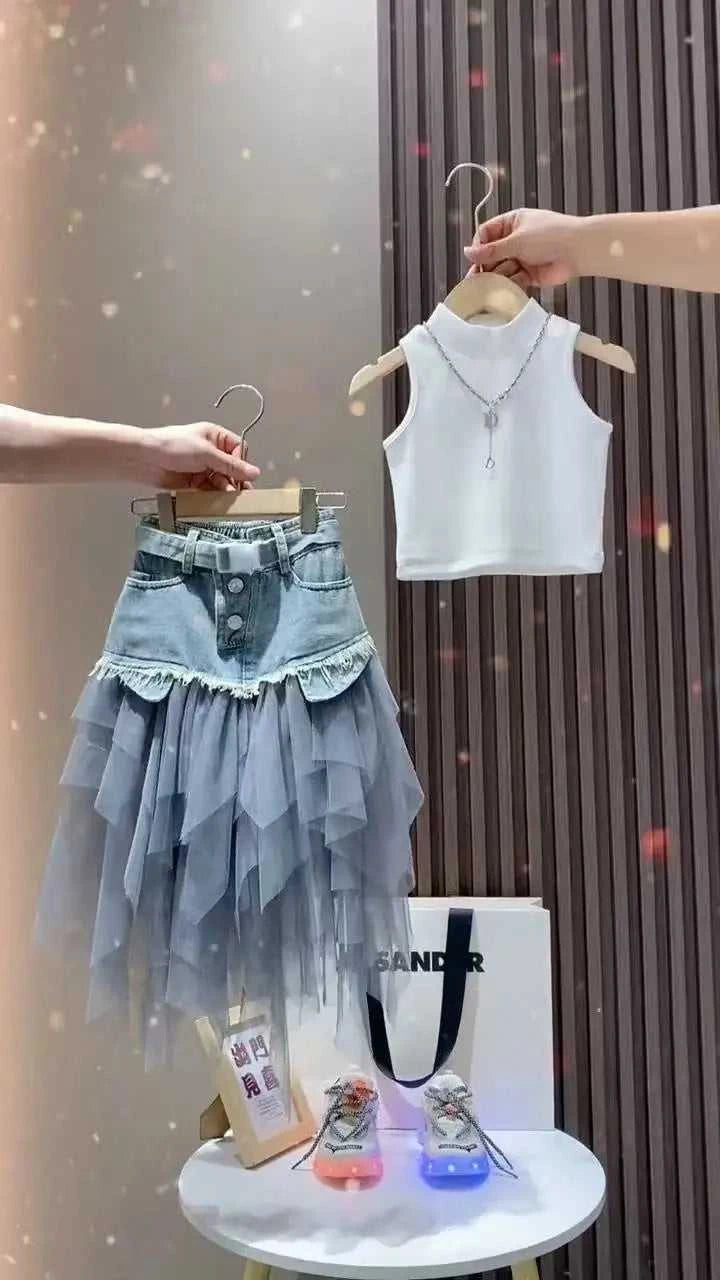 Girls' Summer New Set 2026 Korean Version Baby Girl Tank Top Mesh Splicing Cowboy Skirt Set Kids Summer Set The jack market .AU The jack market .AU Mum & Kids: Essential Products for Every Family $ 62 14:29#WHITE;200000463:200004189#110CM 4Years;200007763:201336100