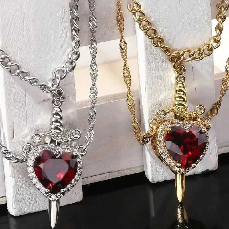Matching Heart Sword Couple Necklace Set 2 Pcs Assembled Zircon Pendant Silver Gold Plated Chain Romantic Gift for Couples The jack market .AU The jack market .AU Jewellery & Chains $ 47 200001034:7883453201#White Set