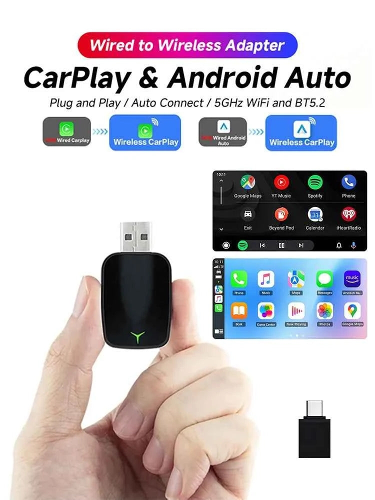 Carplay Android Wireless 2-In-1 Adapter Car Gadget Smart Magic Box Plug and Play 5Ghz Wifi Plug and Play Seconds Link