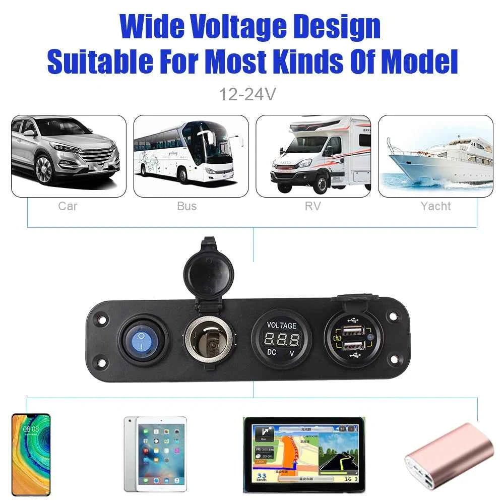 12V 24V 6 Buttons Car Switch Panel 15A Fuse Marine Circuit Breaker Voltmeter Tester Light Toggle USB Chargers 3.0 Auto Splitter