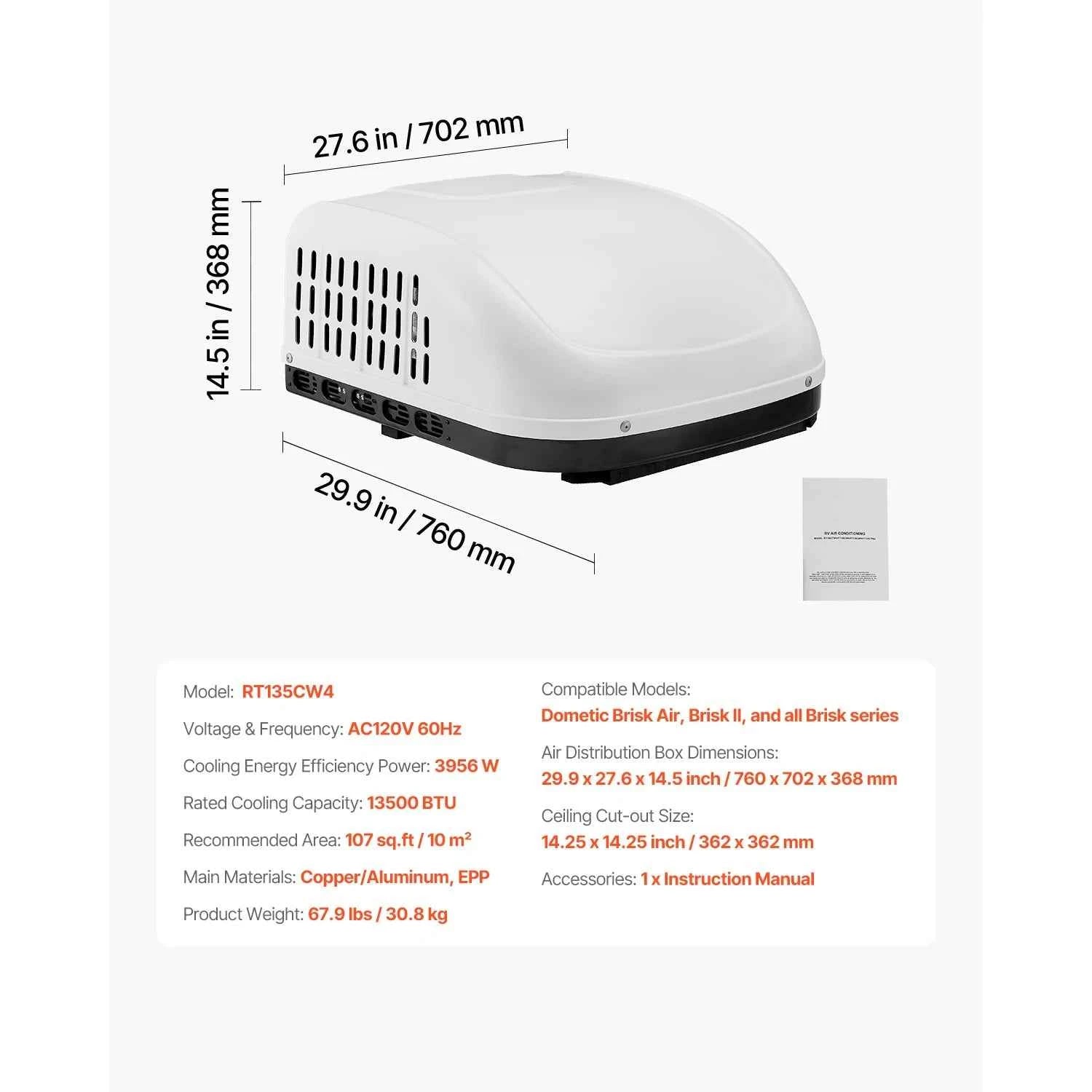 SucceBuy RV Air Conditioner 13500/15000 BTU Non-Ducted Rooftop RV AC 65dB Air conditioning System Fit for Camper, Van, Trailers