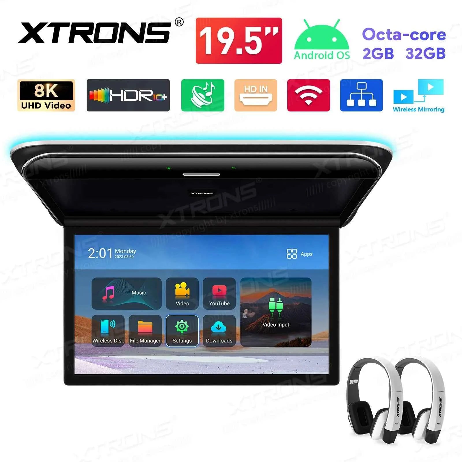 XTRONS 19.5" Android Car Roof Monitor TV Octa-core 8K IPS Car Screen Adjustable Angle to 170° with Screen Mirroring USB HDR RCA