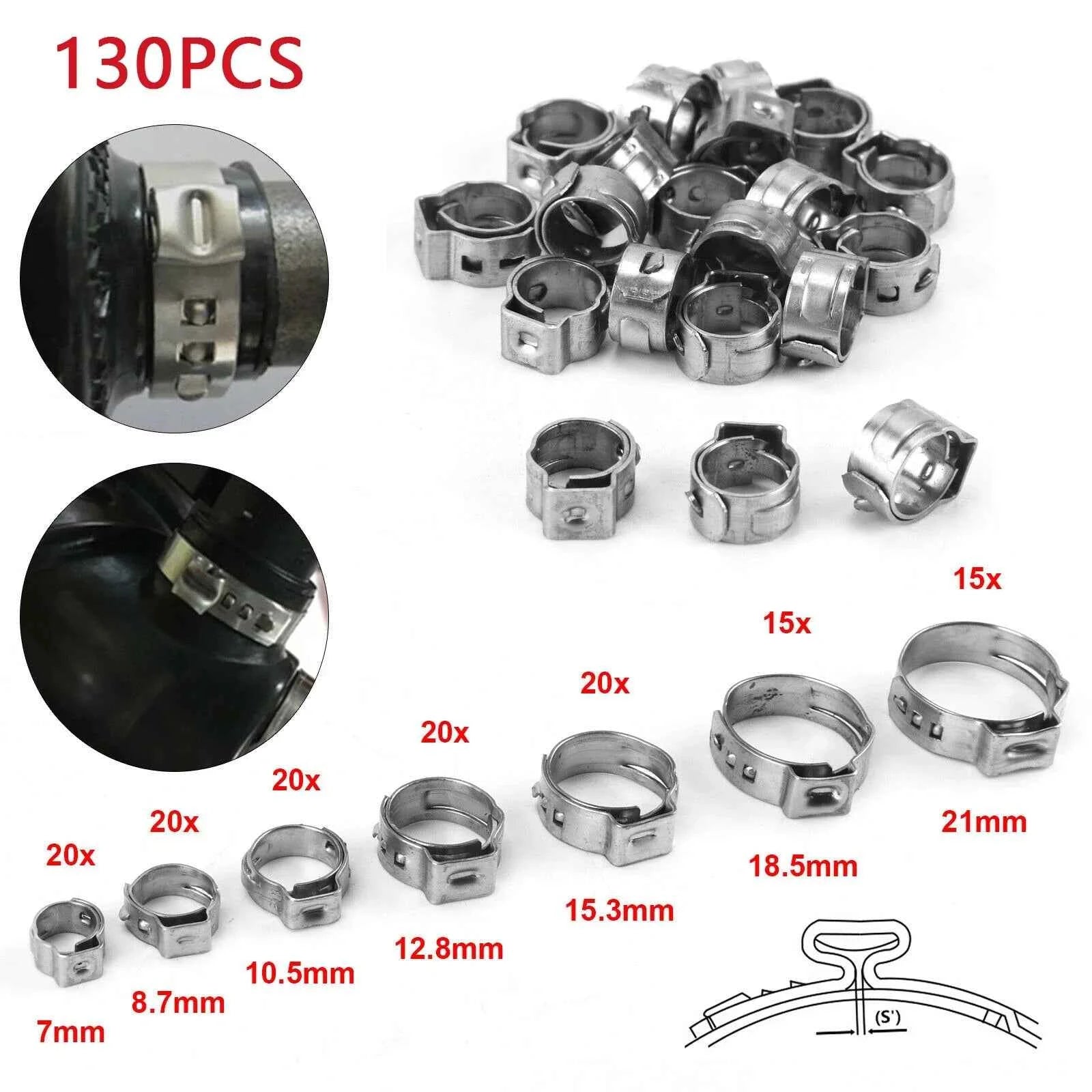 45/80/130pcs Stainless Steel Ear Clamps, Worm Drive Hose Clips, Fuel & Water Pipe Clamps + 1pc Clamp Pliers