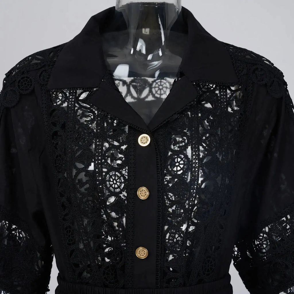 Quality Loose Hollow Out Dress Two Piece Set Women's Shirt Short Skirt Set Embroidered Lace Crop Tops Pleated Skirts Suits 2pcs