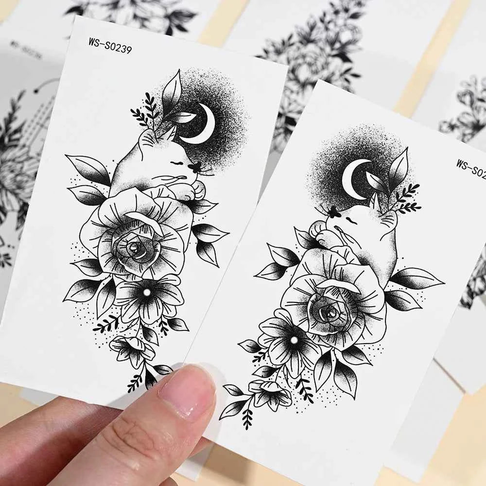 35pcs Realistic Peony Rose Temporary Tattoo Deer Crescent Floral Body Art Waterproof Stickers Lasting Arm Leg Hand Neck Tattoos*
