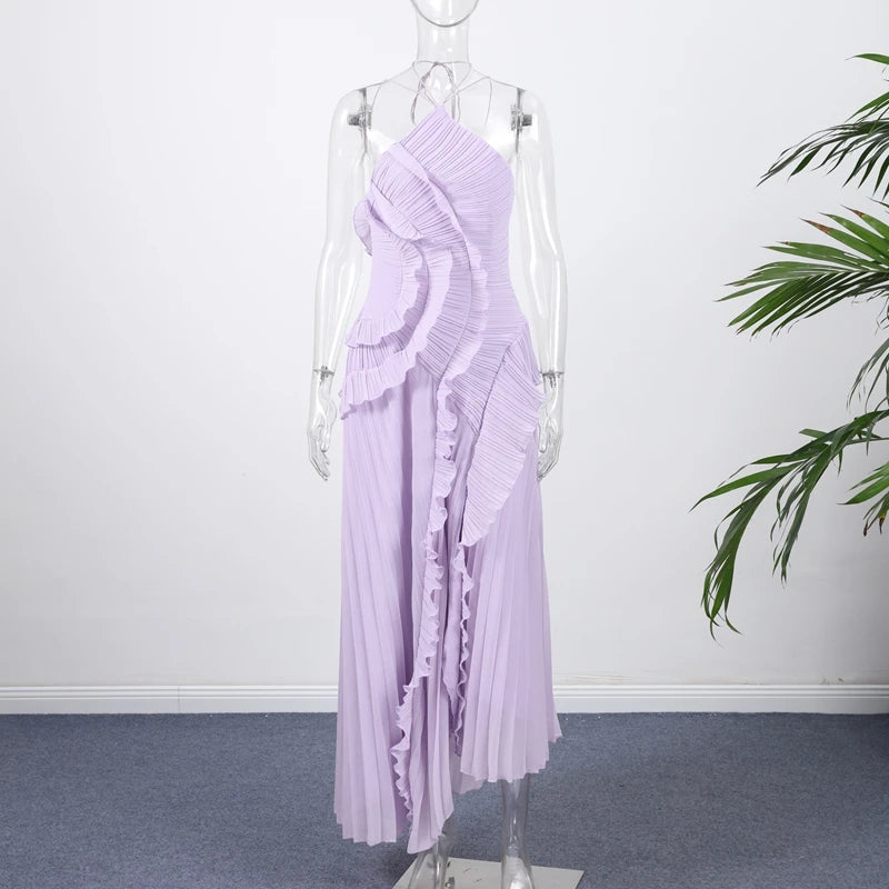 Elegant Affair Evening Gown - Ruffled Neck Strap, Backless Design, A-Line Silhouette, Perfect for Parties & Vacations