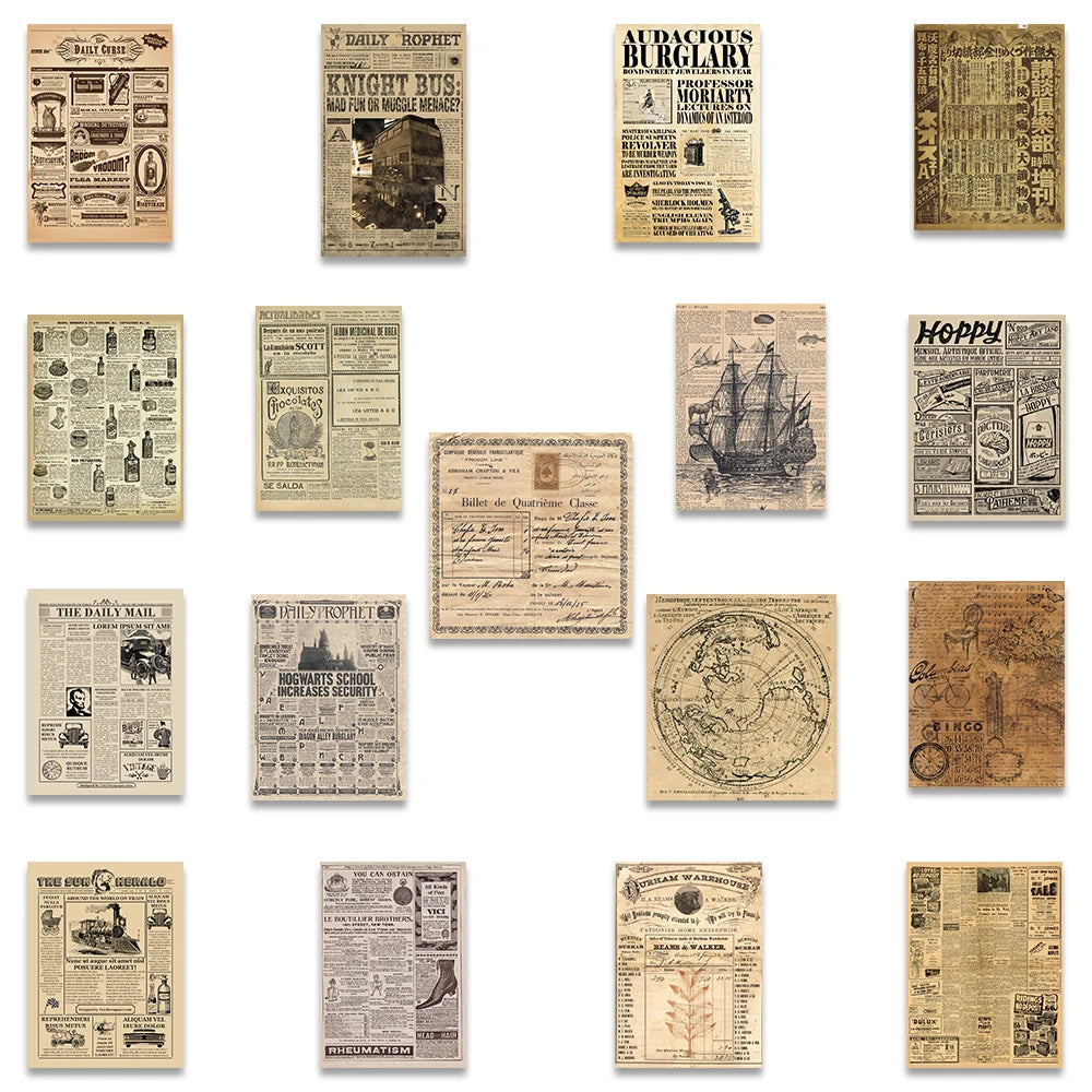 35PCS Yellowed Old Newspaper Vintage Parchment Retro Stickers Decals DIY Car Suitcase Scrapbook Phone Laptop Bike Sticker