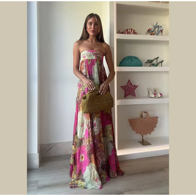 Chic Floral Print Pleated Long Dress Women's Sexy Strapless Backless Loose Party Vestidos 2025 Summer Lady High Street Robes New