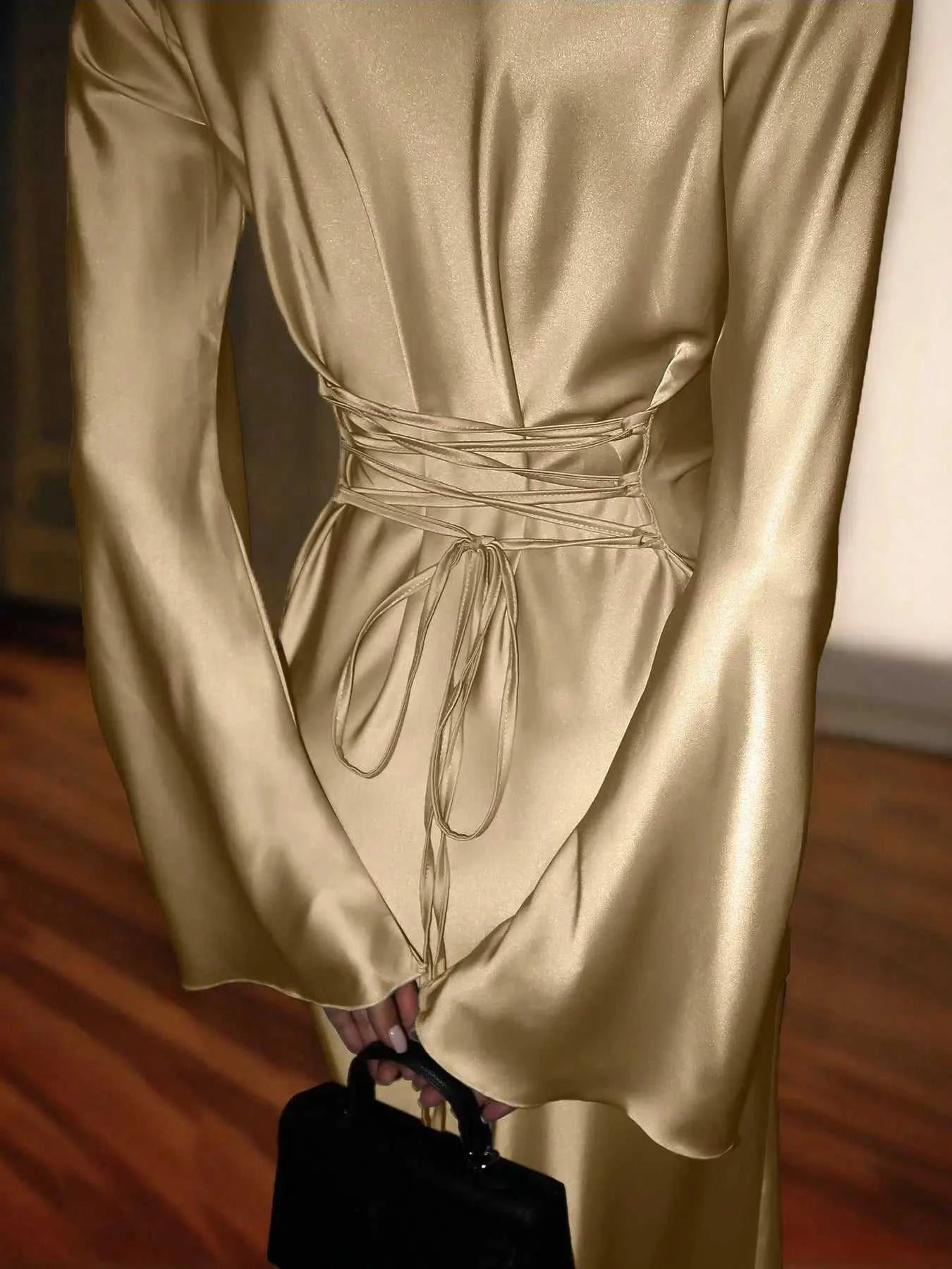 Women's Satin Maxi Dress – Corset Waist Tie, O-Neck & Flared Sleeves | Bohemian Evening Dress The jack market .AU The jack market .AU Woman Fashion Dress $ 70 14:1052;5:4182
