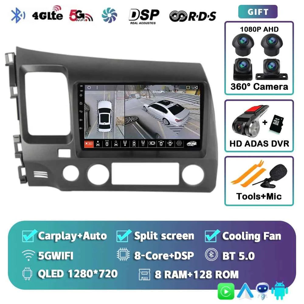 Android 15 Car radio For Honda Civic 8th 2005-2011 Carplay Android auto Qualcomm Car stereo Multimedia player 4G wifi 48EQ 2 din
