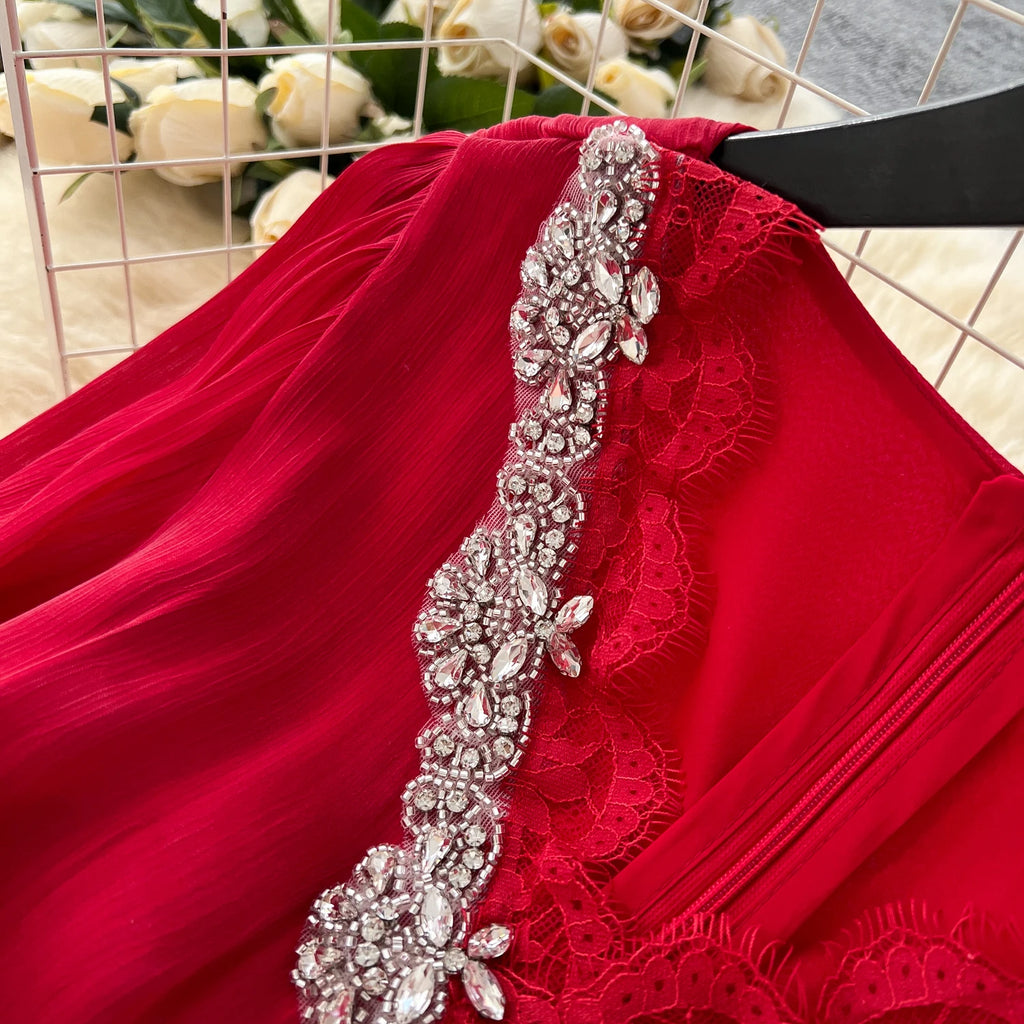 Spring Autumn Women Party Long Dress Elegant Female Red/Purple/Beige/Black Diamonds Patchwork Ruffle A-Line Maxi Vestidos New