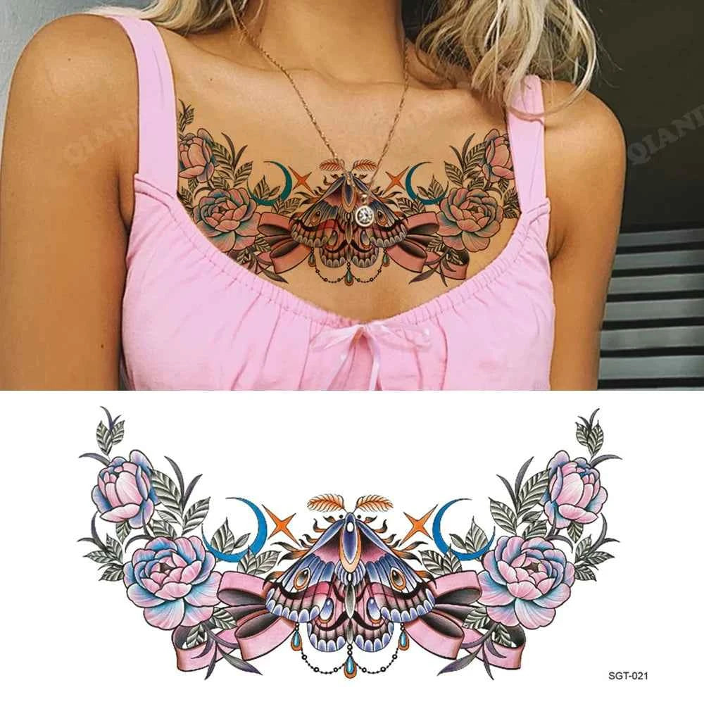 GlamInk Waterproof Flower & Butterfly Temporary Tattoos - Dazzling Chest & Waist Art for Confident Women