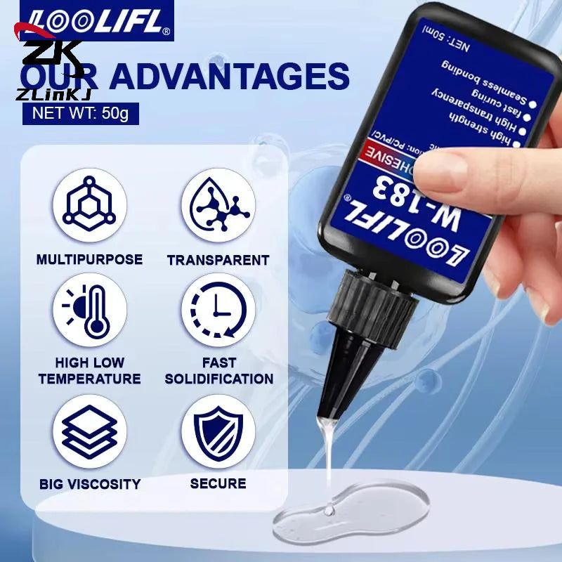 -1Pcs UV Curing Crystal Glass And Metal ABS Bonding New W-183 Strong 50ml UV Glue Curing Adhesive Welding With UV Curing Lamp