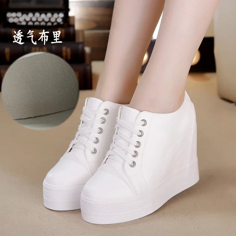 High Top Women's Casual Shoes Leather Casual Sneaker Hidden Increased Ladies Ankle Boots New Plush Woman Platform Boots Botines