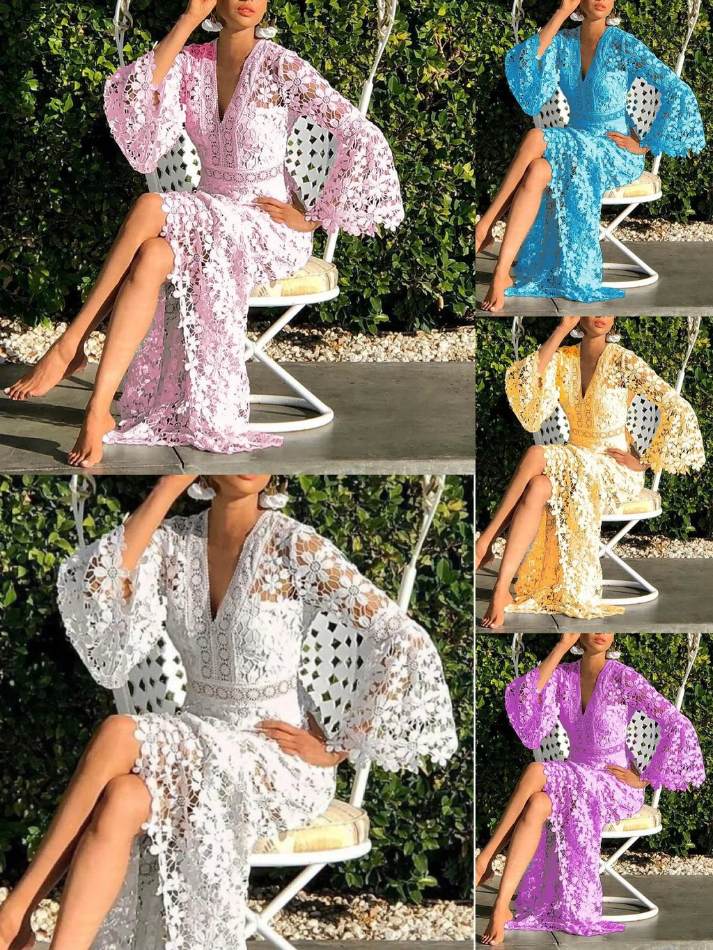 See Through Hollow Out Sexy Long Dresses Summer Dress for Women Long Sleeve V-Neck Lace Dress Loose Bohemian Loose Beach Smock