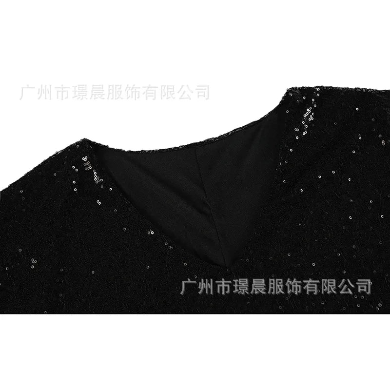 Trendy Solid Color Sequin Dresses Women V-neck Long Sleeve Loose Irregular Mini Dress Lady Commuting Vestidos Spring Autumn New