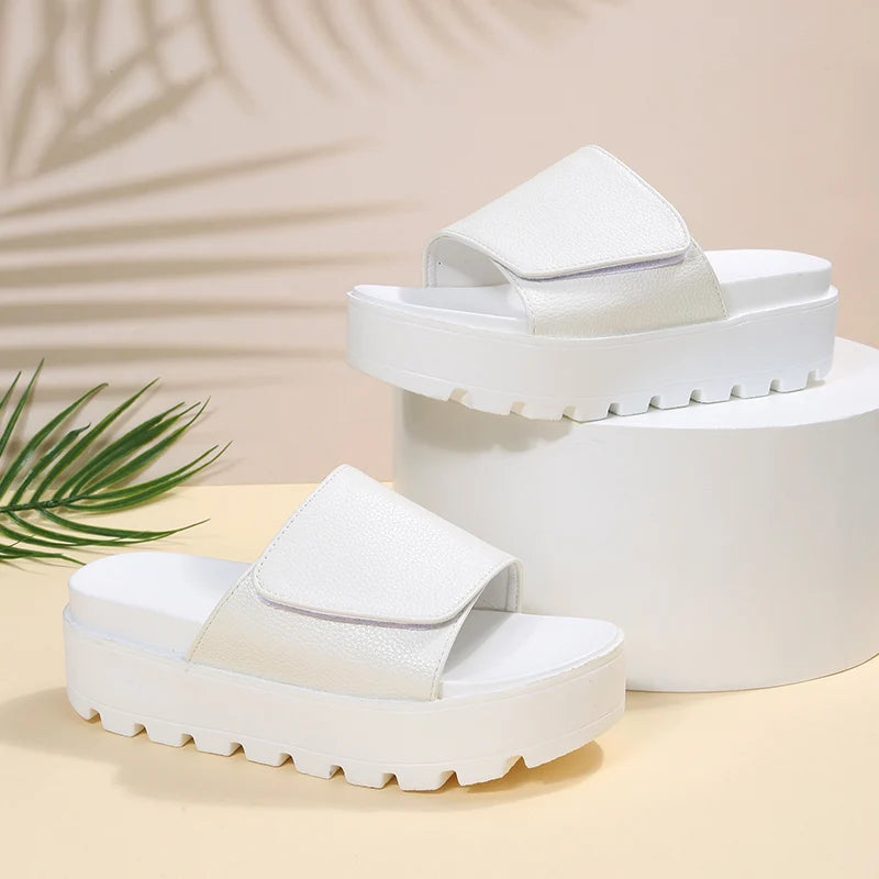 Rimocy Black PU Leather Platform Slippers Women Plus Size 43 Thick Soled Sandals Woman 2025 Summer Non-slip Slides Shoes Female