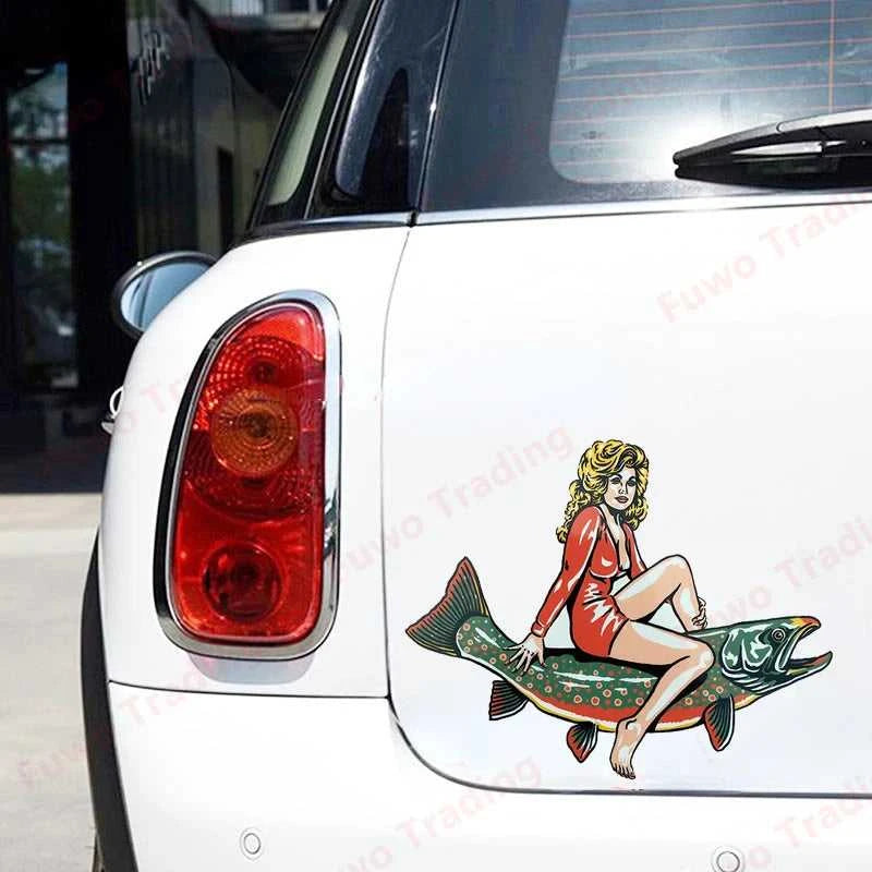 Fashionable Woman Riding A Fish Fishing Funny Car Stickers Cartoon Personality Decals Waterproof Car Goods The jack market .AU The jack market .AU Fishing Gear $ 36 200000182:193#Style A;5:200000990#40CM