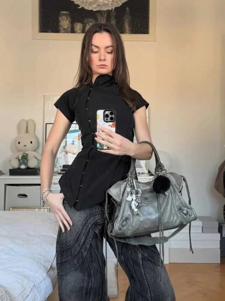 Women Vintage Black Irregular Buttons Top Fashion Solid Lapel Short Sleeve Slim Cropped Blouse 2026 Lady Daily Street Y2k Tops The jack market .AU The jack market .AU Woman Fashion $ 82 14:771#Picture Color;5:361386