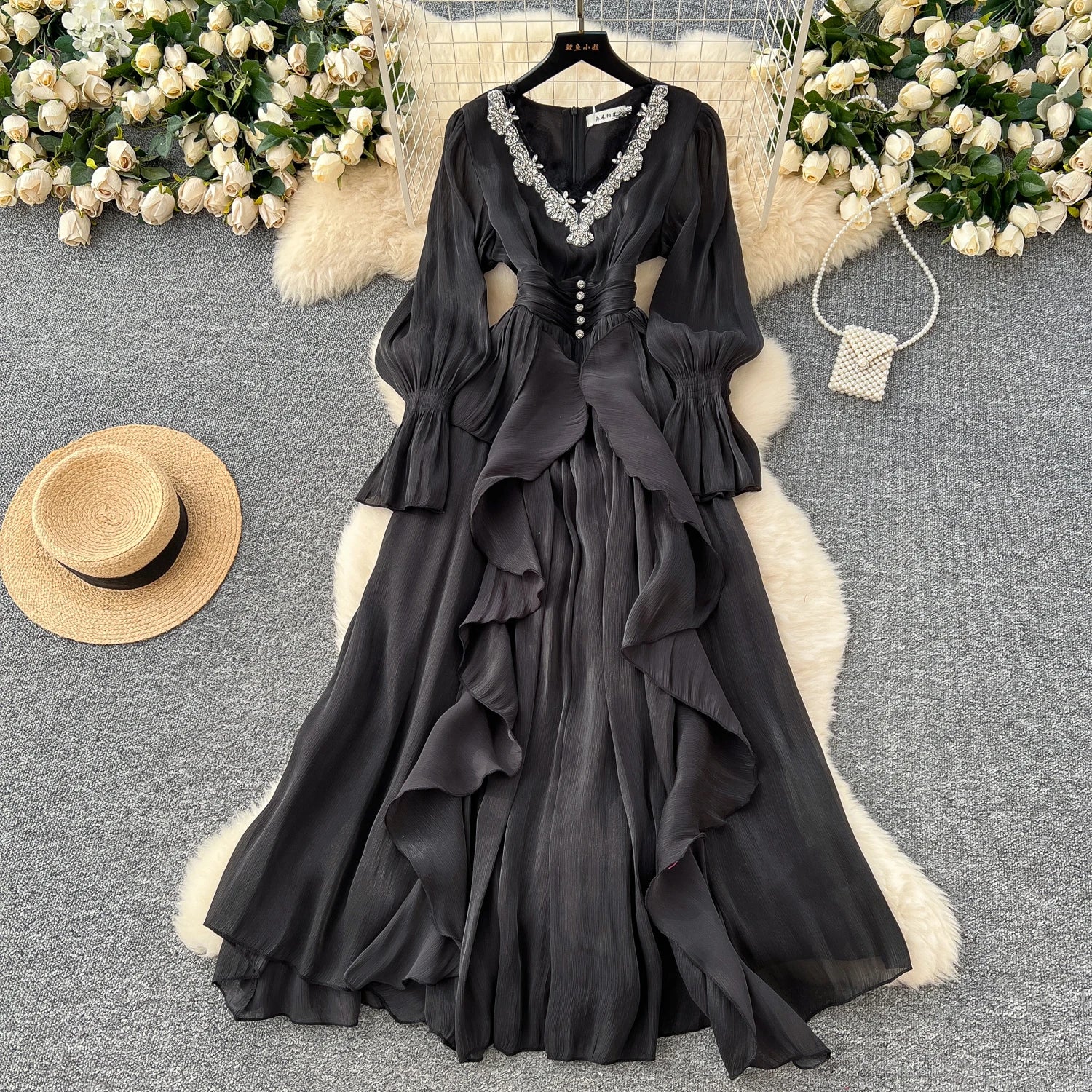 Spring Autumn Women Party Long Dress Elegant Female Red/Purple/Beige/Black Diamonds Patchwork Ruffle A-Line Maxi Vestidos New
