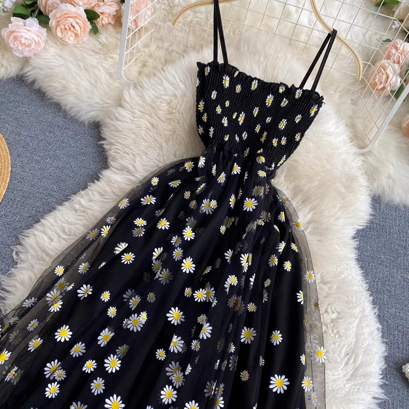 YuooMuoo Women Dress 2026 New Korean Fashion Floral Print Spaghetti Straps Mesh Party Dress Vacation Style Lady Beach Vestidos